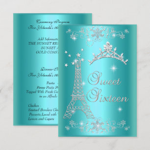 Invitation Cérémonie et Menu de Dîner Sweet 16 Bleu Canard