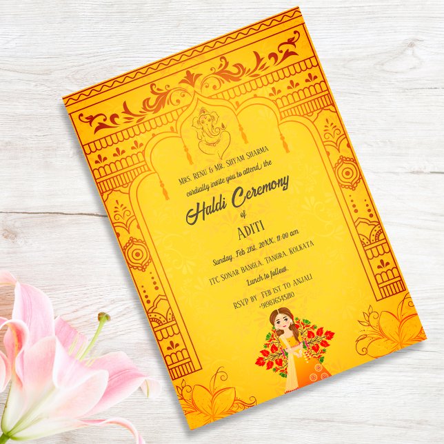 Invitation Cérémonie Haldi de la mariée indienne Couple hindo (Créateur téléchargé)