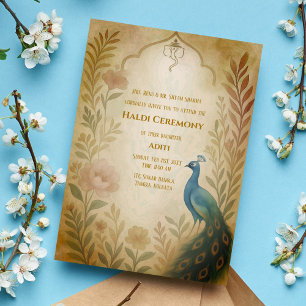 Invitation Cérémonie Haldi de la Mariée Indienne Floral Paon