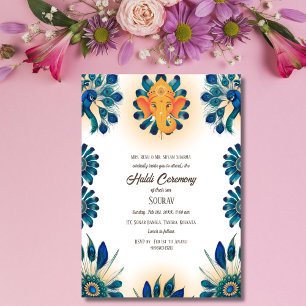Invitation Cérémonie Haldi du marié hindou indien thème paon