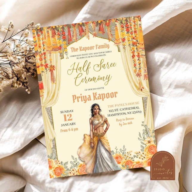 Invitation Cérémonie indienne de demi-sari jaune floral (Créateur téléchargé)