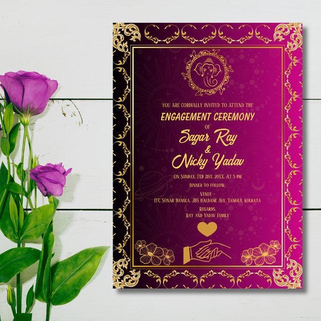 Invitation Cérémonie indienne hindou du Fiançailles rose et o (Créateur téléchargé)