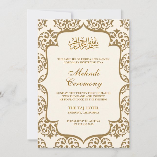 Invitation Cérémonie islamique de mehndi en damas crème et or (Devant)
