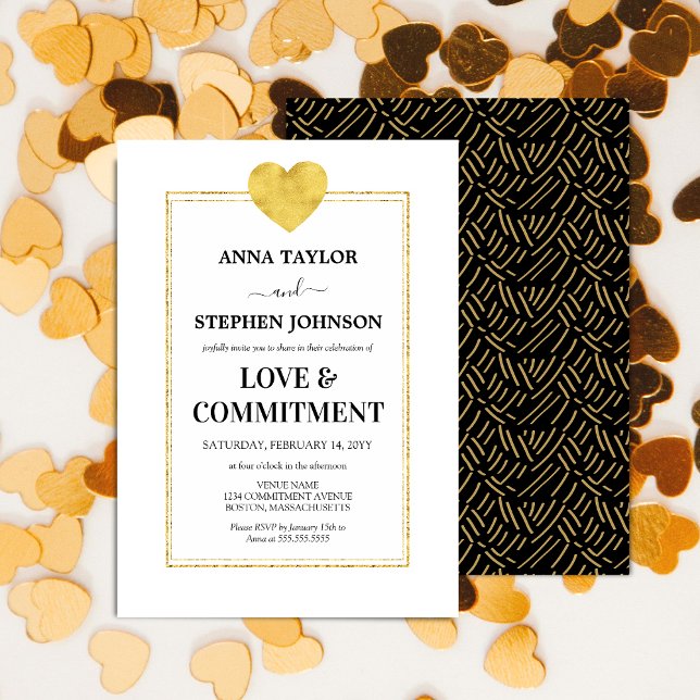 Invitation Cérémonie Lux Gold Heart Love & Engagement (Faux gold foil look commitment ceremony invitation front and back view.)