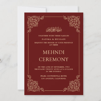 Invitation Cérémonie Mehndi Antique Baroque Or Bourgogne Roug