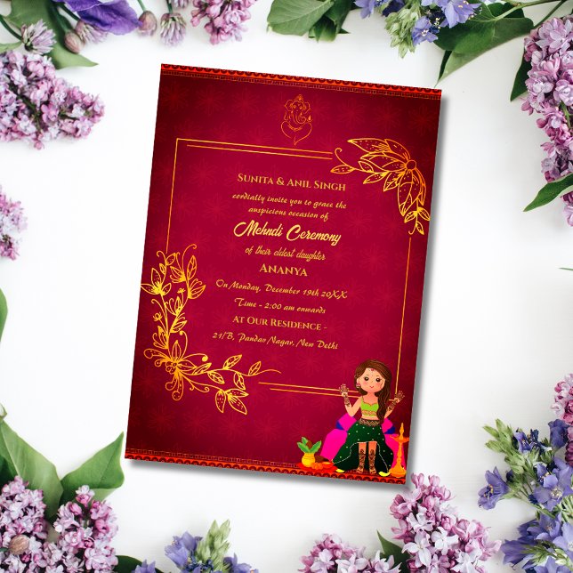 Invitation Cérémonie Mehndi de la Mariée Indienne Élément Dor (Créateur téléchargé)