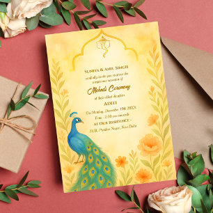 Invitation Cérémonie Mehndi de la mariée indienne Paon Floral