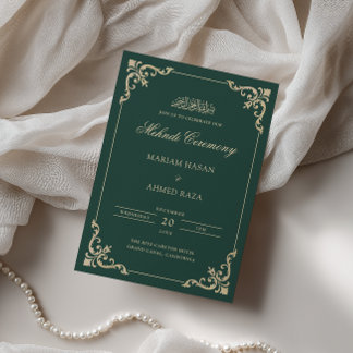 Invitation Cérémonie Mehndi de luxe émeraude verte antique