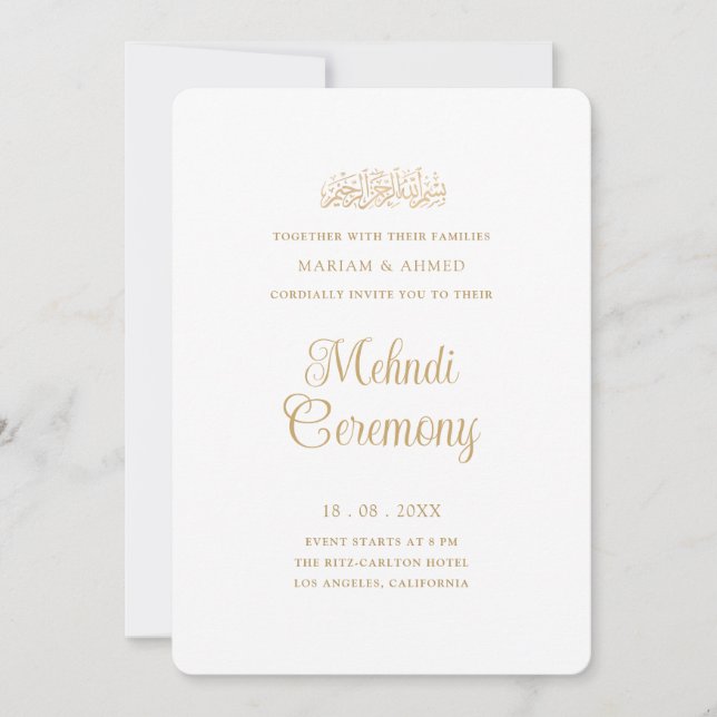 Invitation Cérémonie minimale de Mehndi Henna de style or (Devant)