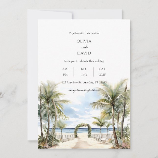 Invitation Cérémonie Tropical Palm Lined Beach Mariage Aisle (Devant)