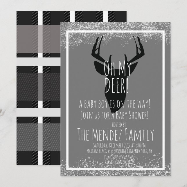 Invitation Cerf à carreaux de Noël Baby Shower enneigé (Devant / Derrière)