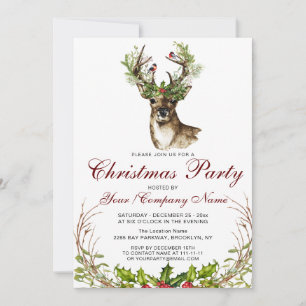 Invitation Cerf d'aquarelle, Oiseaux Fête de Noël Holly Berry