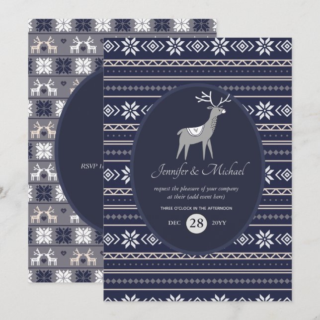 Invitation Cerf d'art populaire bleu marine pour Noël TOUT ÉV (Devant / Derrière)