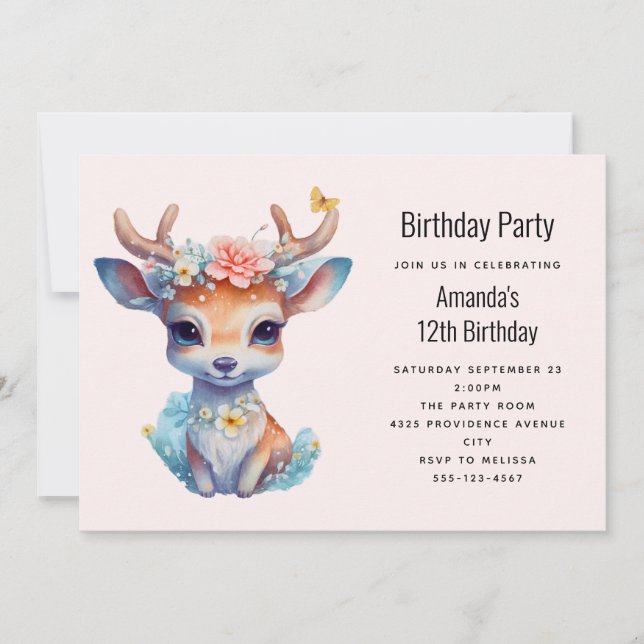 Invitation Cerf de Bébé mignon avec Antlers et Fleurs Anniver (Devant)