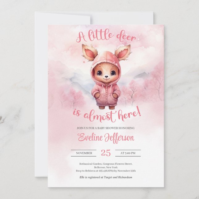 Invitation Cerf de bébé rose aquarelle avec sweatshirt (Devant)