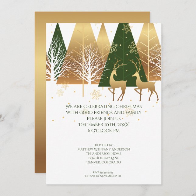 Invitation Cerf de bois vert or moderne (Devant / Derrière)