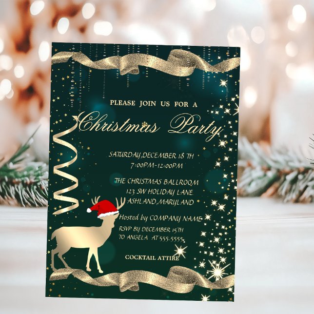 Invitation Cerf de Noël doré, Paillettes, Fête de Noël verte (Créateur téléchargé)