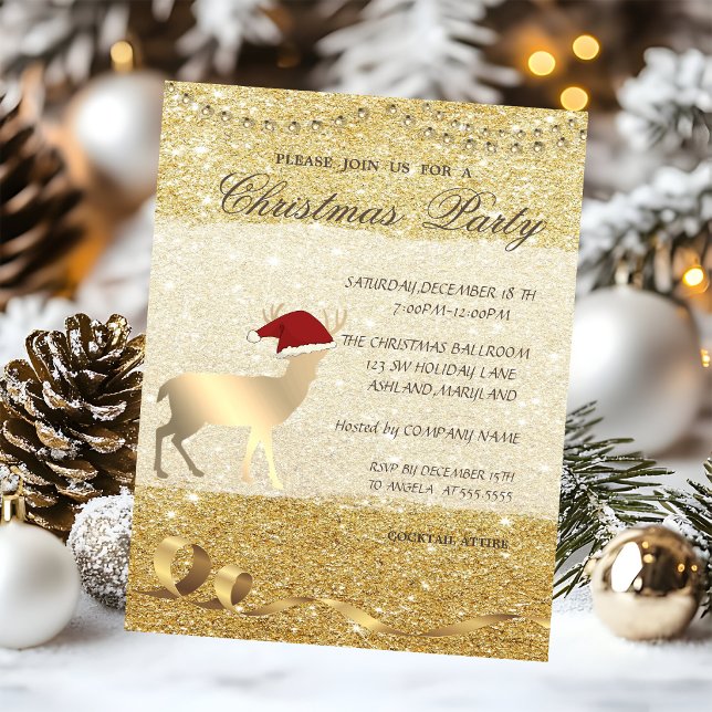 Invitation Cerf de Noël élégant, Pailleté, Fête de Noël (Créateur téléchargé)