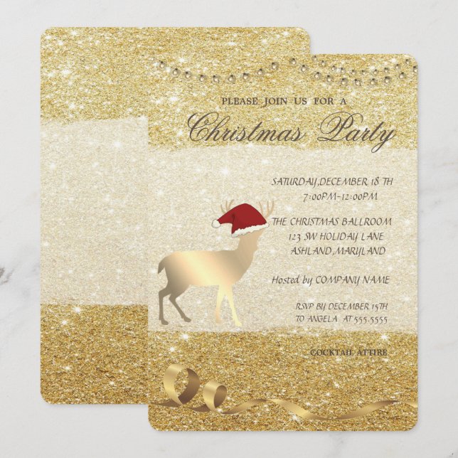 Invitation Cerf de Noël élégant, Pailleté, Fête de Noël (Devant / Derrière)