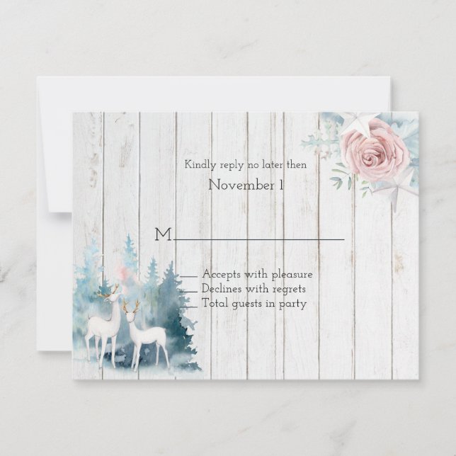 Invitation Cerf d'hiver et feuillage sur Mariage de bois (Devant)