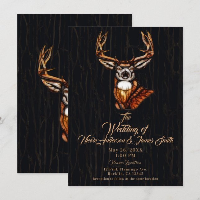 Invitation Cerf en bois sombre rustique pour mariage champêtr (Devant / Derrière)