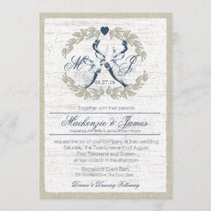 Invitation Cerf en couronne avec Monogram Navy Blue