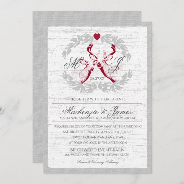 Invitation Cerf en couronne avec Monogramme Argent et Rouge (Devant / Derrière)