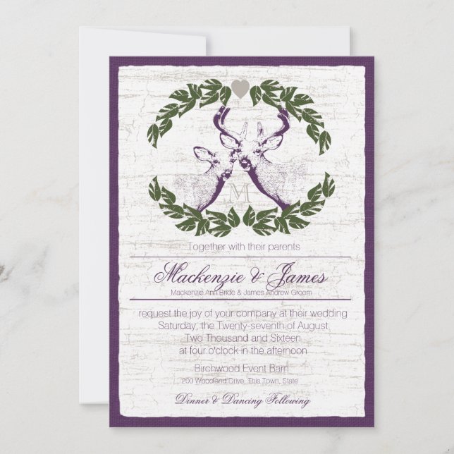 Invitation Cerf en couronne avec Plum Monogram (Devant)