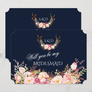 Invitation Cerf en Fleurs Rose : Seras-Tu Ma Demoiselle d'Hon