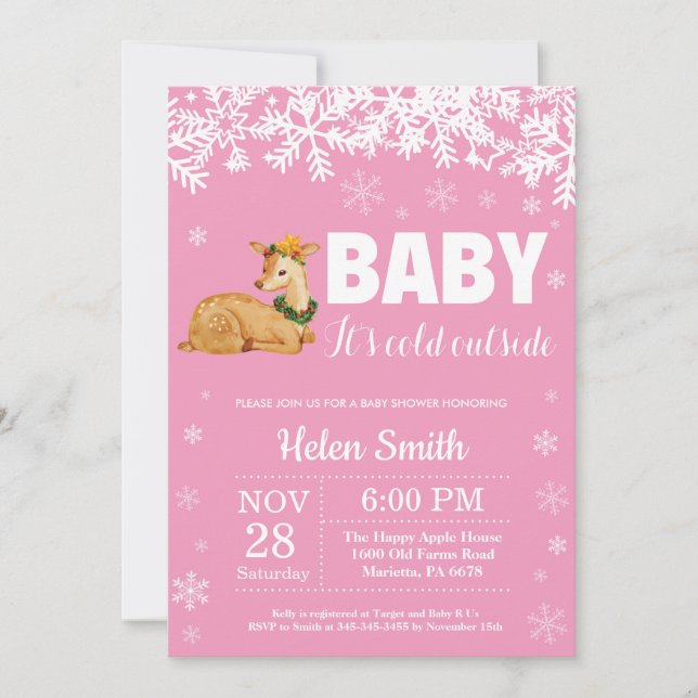 Invitation Cerf Fille Hiver Bébé Shower Flocon de Neige (Devant)