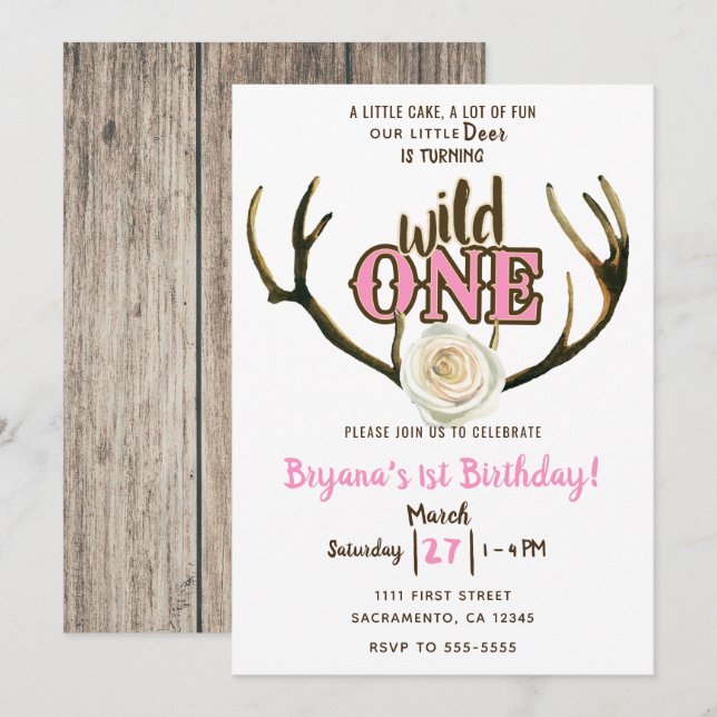 Invitation Cerf Fou Bois de Rose Rose Clair 1er Anniversaire (Devant / Derrière)