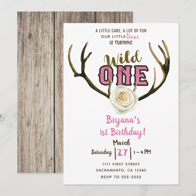 Invitation Cerf Fou Bois de Rose Rose Clair 1er Anniversaire (Devant / Derrière)