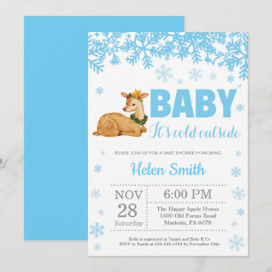 Invitation Cerf Hiver Bleu Garçon Baby Shower Flocon de Neige