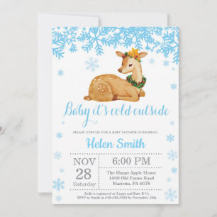 Invitation Cerf Hiver Bleu Garçon Baby Shower Flocon de Neige