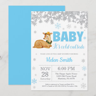 Invitation Cerf Hiver Bleu Garçon Baby Shower Flocon de Neige