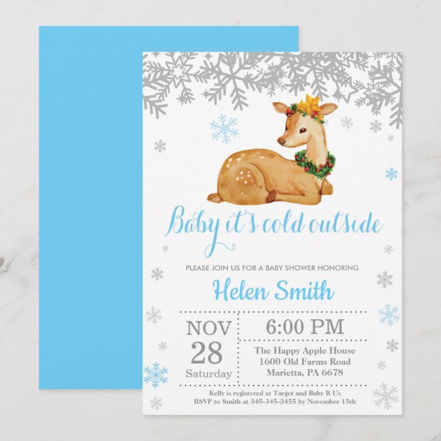 Invitation Cerf Hiver Bleu Garçon Baby Shower Flocon de Neige (Devant / Derrière)