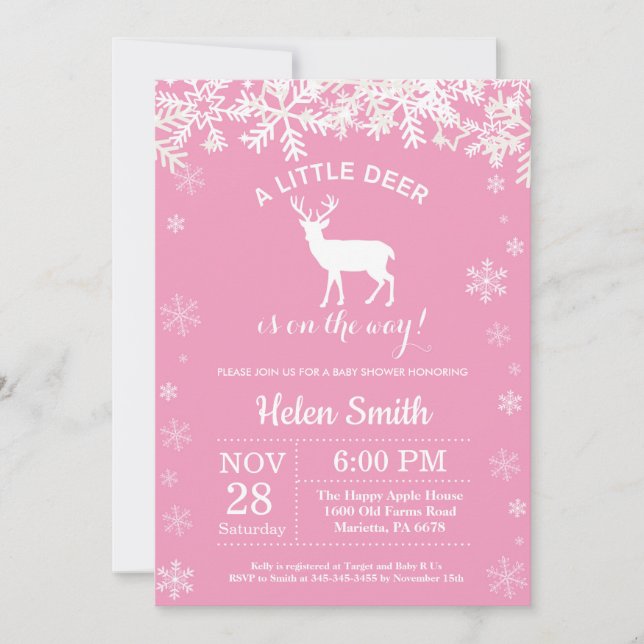 Invitation Cerf Hiver Fille Baby Shower Flocon de Neige (Devant)
