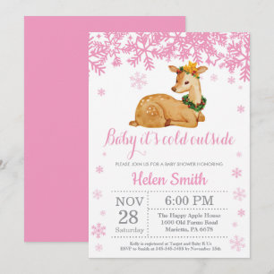 Invitation Cerf Hiver Rose Fille Baby Shower Flocon de Neige