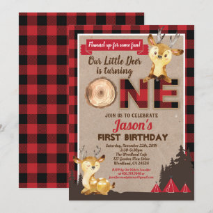 Invitation Cerf premier anniversaire bûcheron fête flannelle 