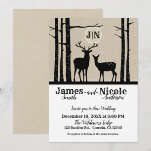 Invitation Cerf rustique mâle & femelle biche Noir Mariage de