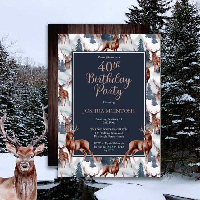 Invitation Cerf rustique Woodsy | Forêt 40e fête d'anniversai (Créateur téléchargé)