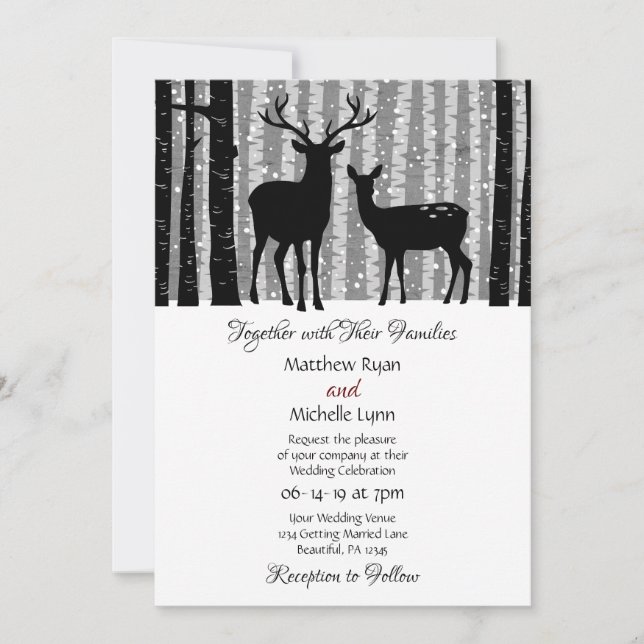 Invitation Cerfs et arbres Mariage rustique de bois d'hiver (Devant)