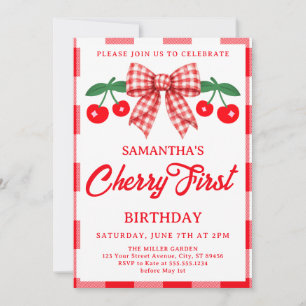 Invitation Cerise 1er Anniversaire Rouge Ruban Gingham