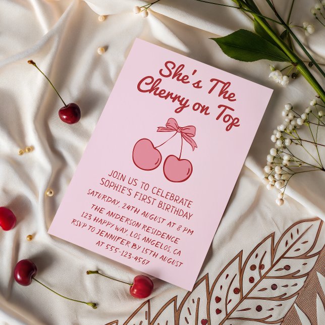 Invitation Cerise à l'Arc Rose Mignon pour le Premier Anniver (Créateur téléchargé)