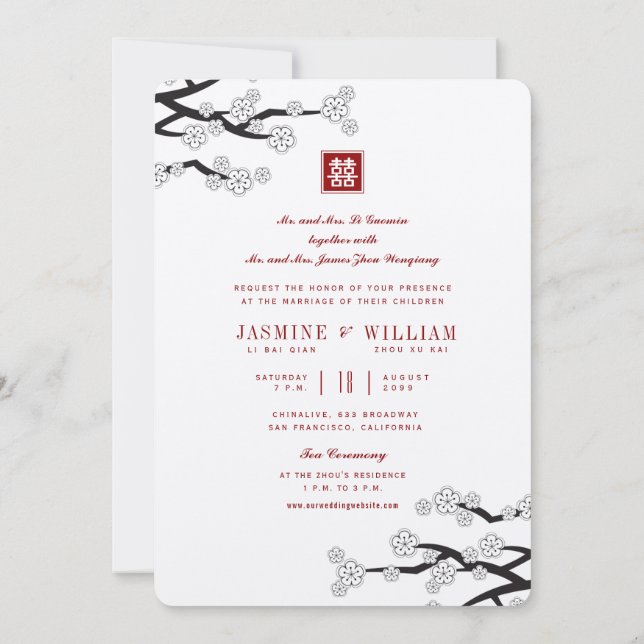 Invitation Cerise Blanche Double Bonheur Mariage Chinois (Dos)
