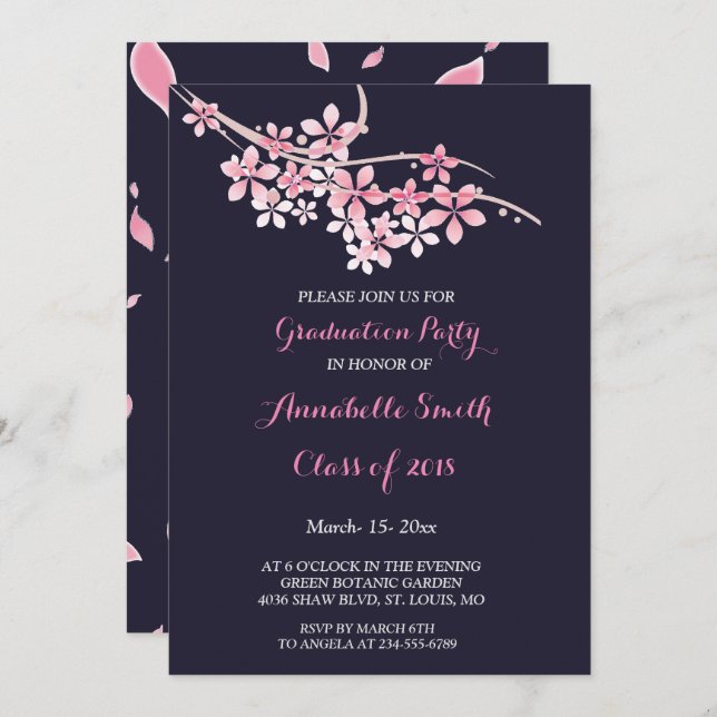 Invitation Cerise Blossom rose marine floral Party (Devant / Derrière)