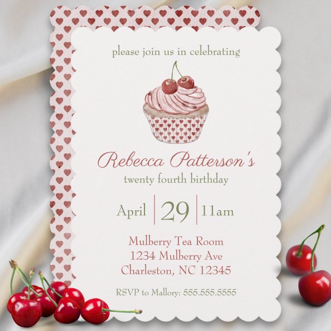 Invitation Cerise Coquette Cupcake Aquarelle fête d'anniversa (cherry cupcake coquette aesthetic birthday invitation cute watercolor hearts girls bday party pink)