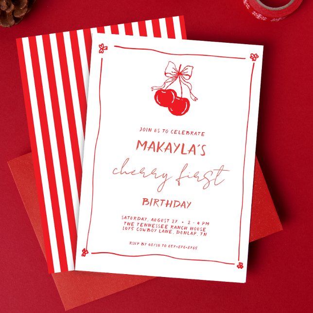 Invitation Cerise dessinée à la main rouge pour le 1er annive (Créateur téléchargé)