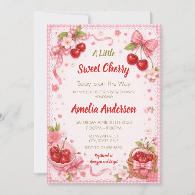 Invitation Cerise Douce Coquette Fille Fête de Naissance (Devant)