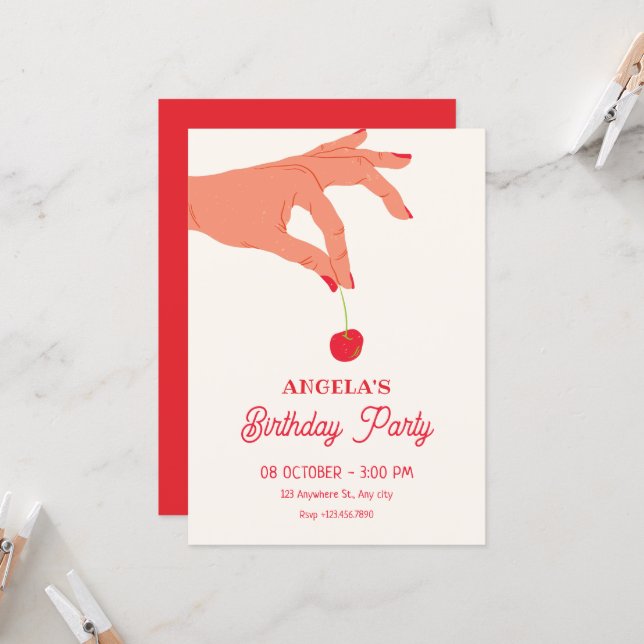 Invitation Cerise douce d'anniversaire (Devant/Arrière en situation)